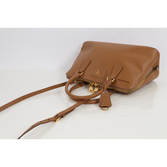 Prada Saffiano Lux Promenade Tan Brown Leather Double Zip Medium Satchel Bag - Picture 10 of 16